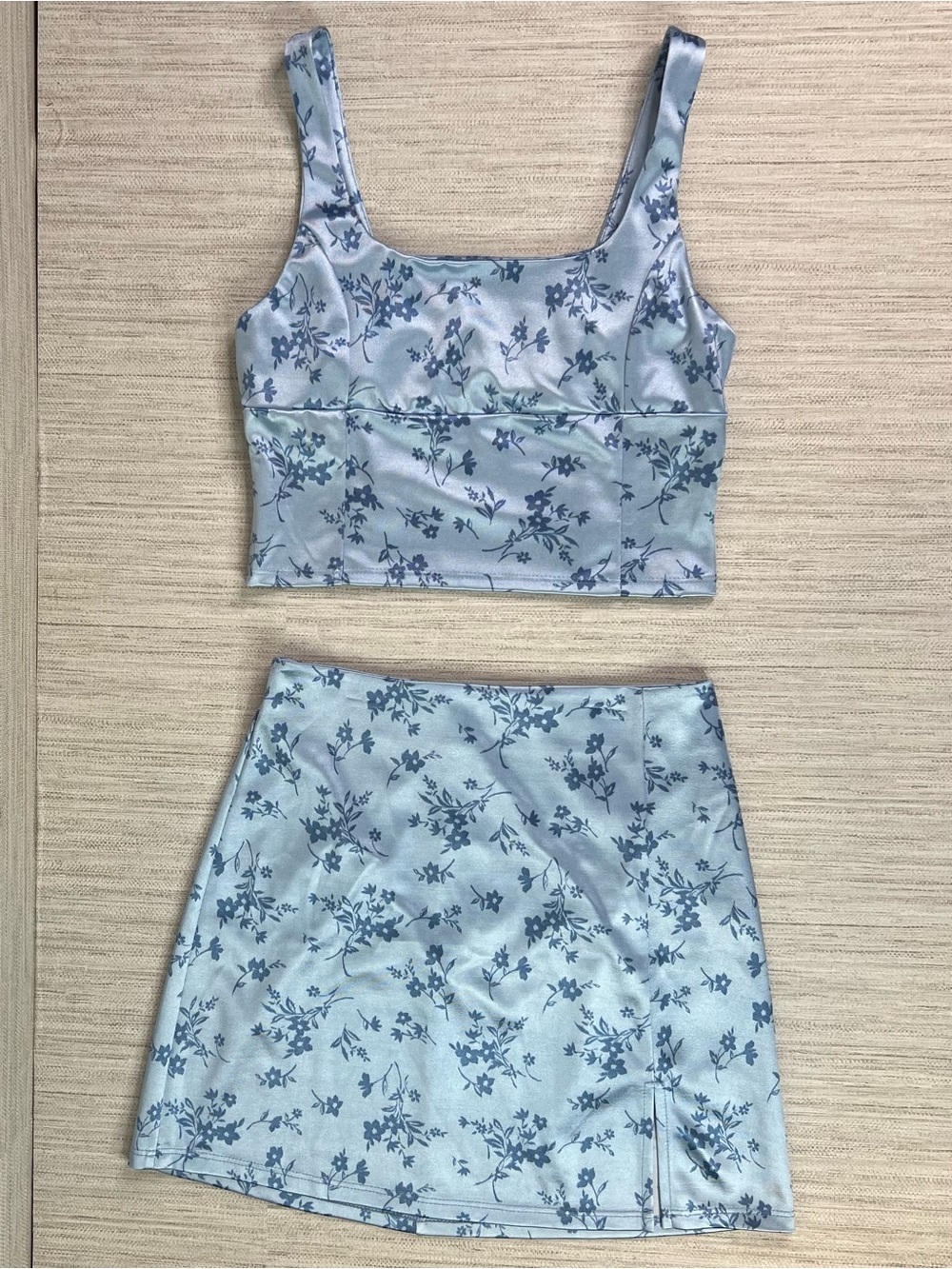 Altar'd State Light Blue Floral Satin Skirt Set